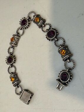 Vintage Sterling Silver 925 Crystal Chunky Etruscan Bracelet 8" purple yellow
